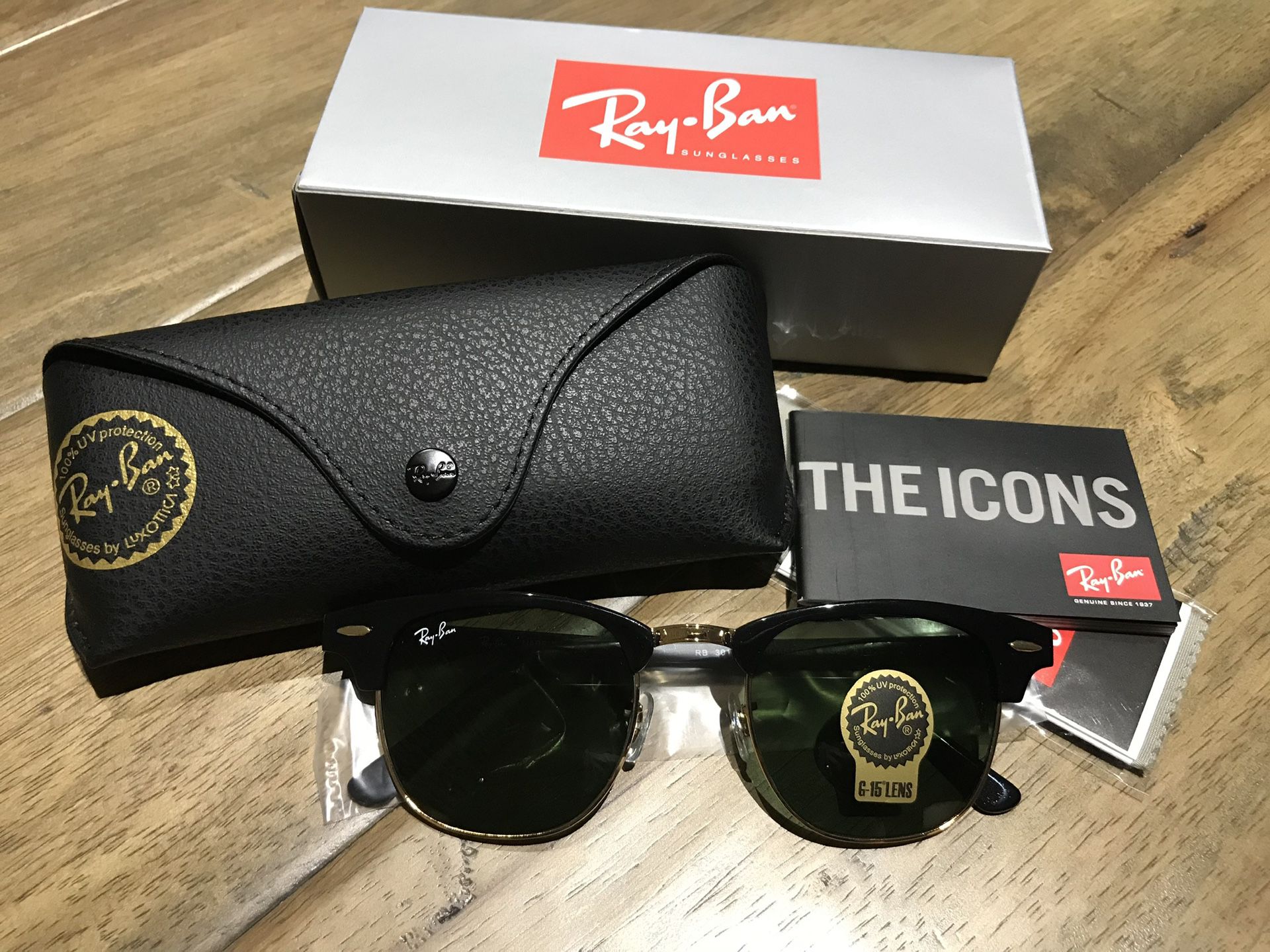 Ray Ban Clubmaster classic black and gold frame sunglasses