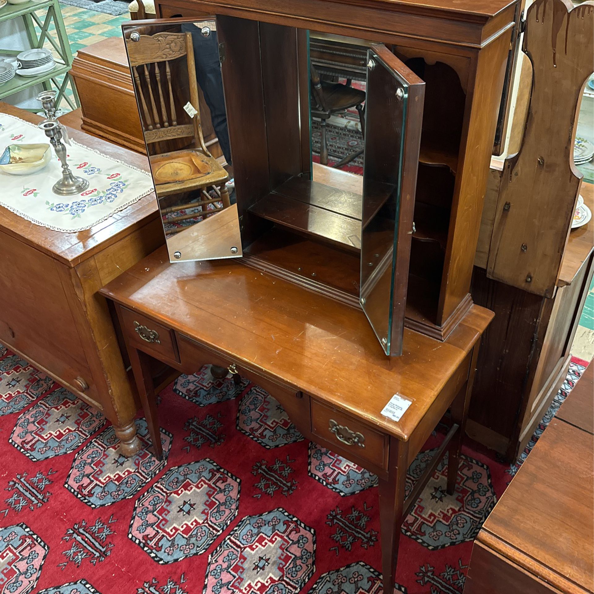 Vintage Mahogany Dressing Cabinet W/ Tri-fold Mirror