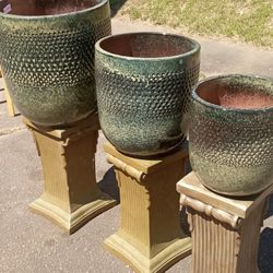 Large 3pc Glazed Terracotta Garden Planter High Quality Masterpiece Very Detailed Heavy Made In Portugal