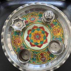 Traditional Pooja Thali Set — Stainless Steel, Hand‑Painted, Diya/Kumkum/Agarbatti Holders