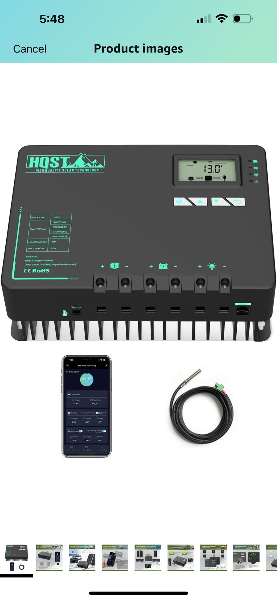 HQST 60 Amp MPPT Solar Charge Controller 12V/24V/36V/48V Negative Grounded Controller with Built-in Bluetooth and Lithium Battery Low Temperature Prot