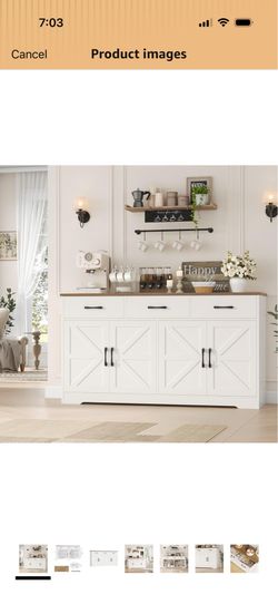 HOSTACK 59" Large Buffet Cabinet with Storage, Farmhouse Sideboard Buffet Cabinet with 3 Drawers, Wood Kitchen Coffee Bar with Doors and Shelves, Long