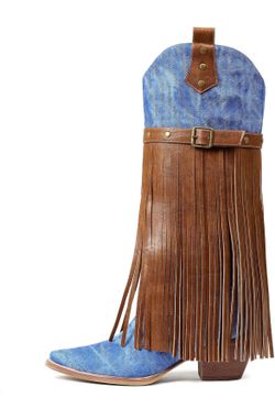 Fringe Knee High Boots Mid Heel Cowboy Boot With Tassel, Denim Blue, Size 9 *NEW