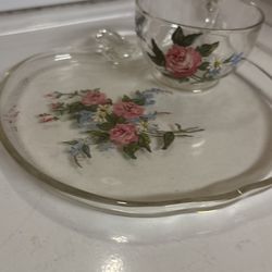 Vintage 1940’s Adorable Hand, Painted Roses On Clear Plate And Tea Cups 3 Tea Cups Three Plates One Extra Plate I Think Is In There $15 Cash All 