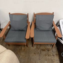 Pair of Wooden Outdoor Patio Chairs with Gray Cushions