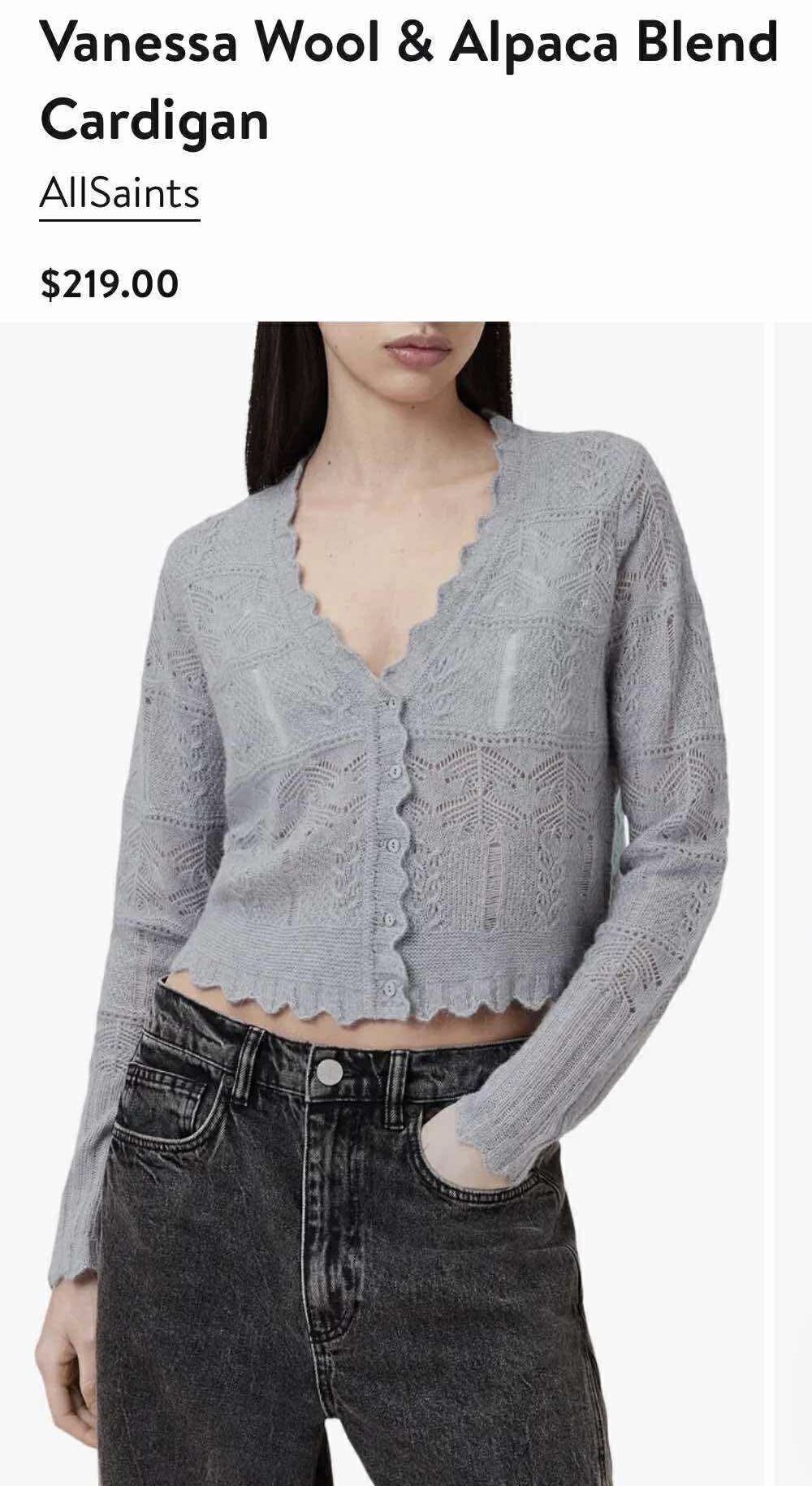 ALLSAINTS VANESSA WOOL & ALPACA BLEND CARDIGAN GREY Sz LARGE