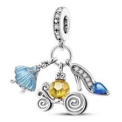 🏰New 3 pc Cinderella Carriage Glass Slipper Sterling Silver Plated Cubic Zerconia Charm w Gift Bag