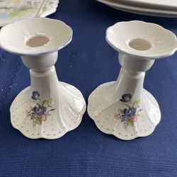 Nikko Japan Blue Peony Candlestick Candle Holders Porcelain Set of 2