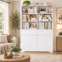 White Bookcase with Cabinet Storage