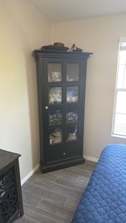 Black Wood Corner Display Cabinet with Glass Doors