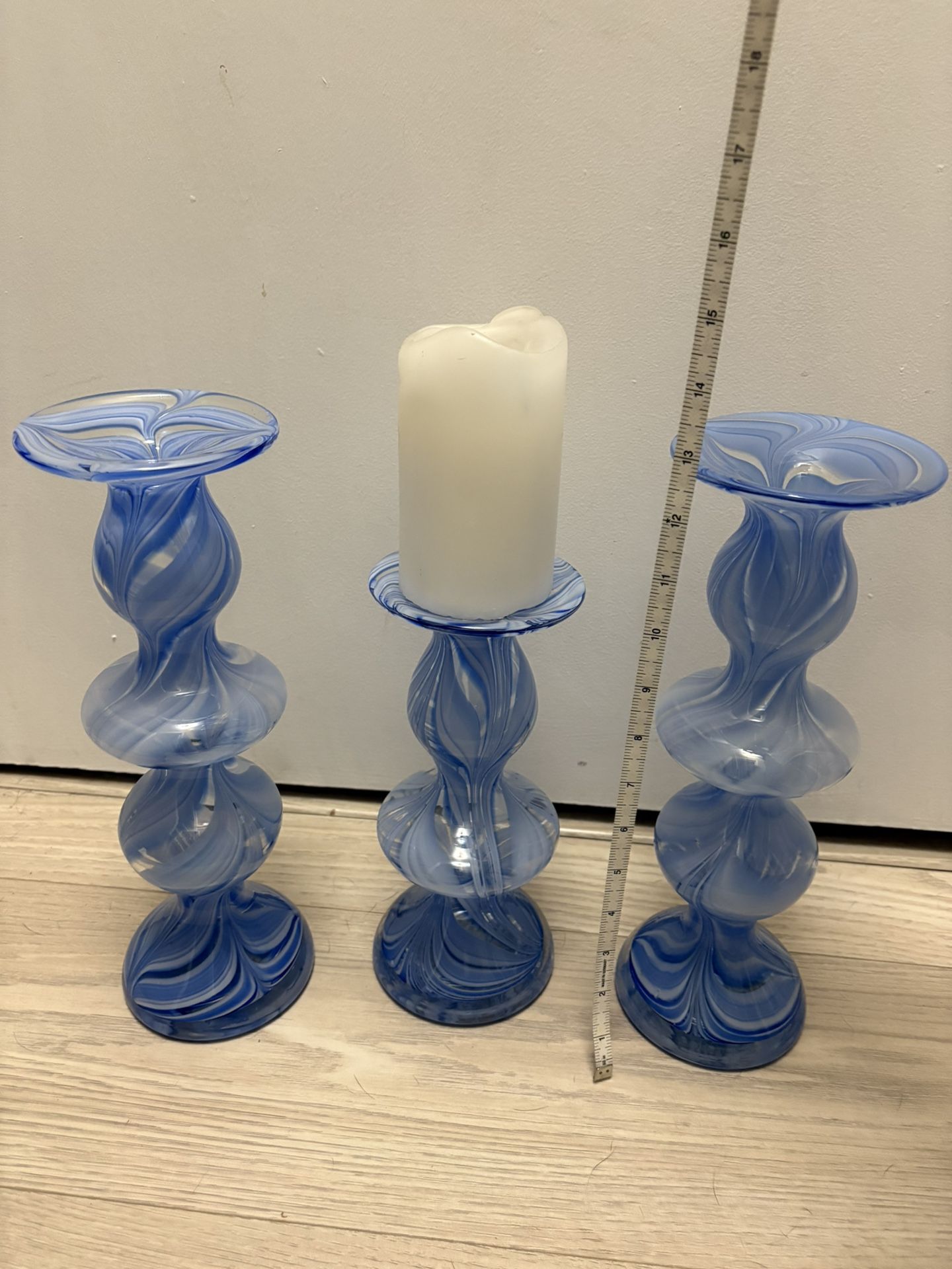 3 Pillar Candle Holders, Blue Swirl Glass