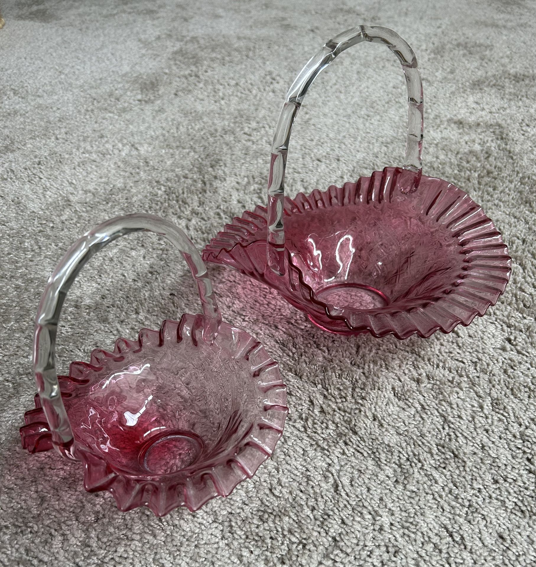 Vintage Rose Colored Glass Baskets With Handle