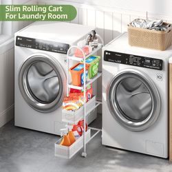 4 Tier Narrow Metal Rolling Organizer Cart Lockable Wheel Size Length 16", Width 7", Height 35" New condition assembled