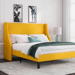 Full Size Platform Bed Frame with Upholstered Headboard, Modern Deluxe Wingback, Wood Slat Support, Mattress Foundation, Light Yellow