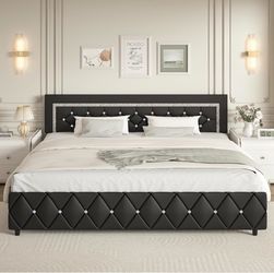 King Size Bed Frame and Headboard, Faux Leather Upholstered Bed with Diamond Tufted Design, Modern Platform Bed Frame with Wooden Slats Support, No Bo