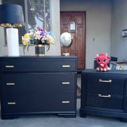 Dresser With 3 Large Drawers+ 2 Drawer Nightstand - All Solid Wood - Black With Gold 