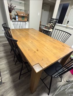 Solid Wood Dining Table w/ 6 Metal Chairs