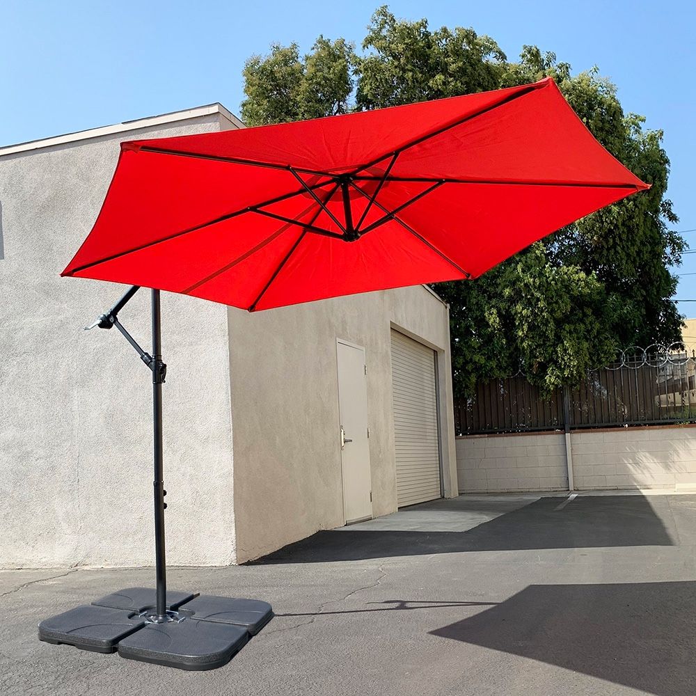New In Box $105 Patio 10 FT Offset Umbrella Hanging Crank Tilt Cross Stand (Include 4pcs Base)