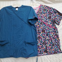 2 Cherokee Scrub Top Women’s Sz L tag faded Multicolored Floral Stretch And Teal