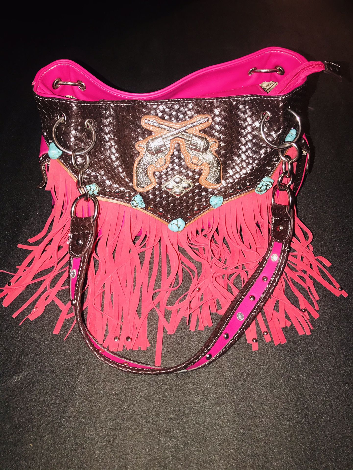 Women’s LARGE Pink Country Western Style Shoulder Bag Handbag / Purse W/ Fringe & Turquoise Details