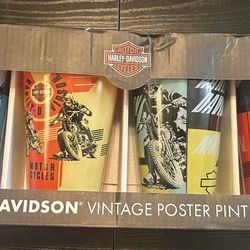 Harley Davidson Pint Glass Set Of 4 Vintage Poster