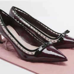 MIU MIU Womens Burgundy Patent Crystal Studded Kitten Heel Pumps