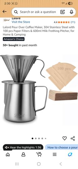 Pour Over Coffee Maker, 304 Stainless Steel wlth 100 pcs Paper Filters & 600ml Milk Frothing Pitcher, for Home & Camping