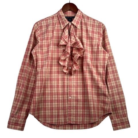 Ralph Lauren Check Ruffled Shirt Blouse Long Sleeve Pink Size LARGE 