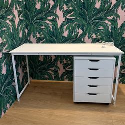 New Combo White Desk With Built-In Power + 5 Drawer Cabinet 