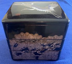Japanese Black Lacquer Stacking Box Jubako with Crane Design