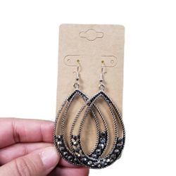 Silver Toned Rope Braid Gray Gem Drop Earrings