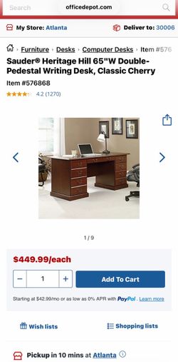 Sauder Heritage Hill 65" Double-Pedestal Writing Desk