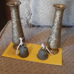 Vintage  Brass Vases Floral Design From India And A Pair Of Vintage Indian Bells