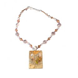 Handmade Beaded Necklace with Square Art Pendant - Pink & Amber Beads