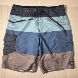 Pre Owned Good  Vans  Swim Shorts  Side Pocket  Stripe Blue  Men  Size 32 Waist 