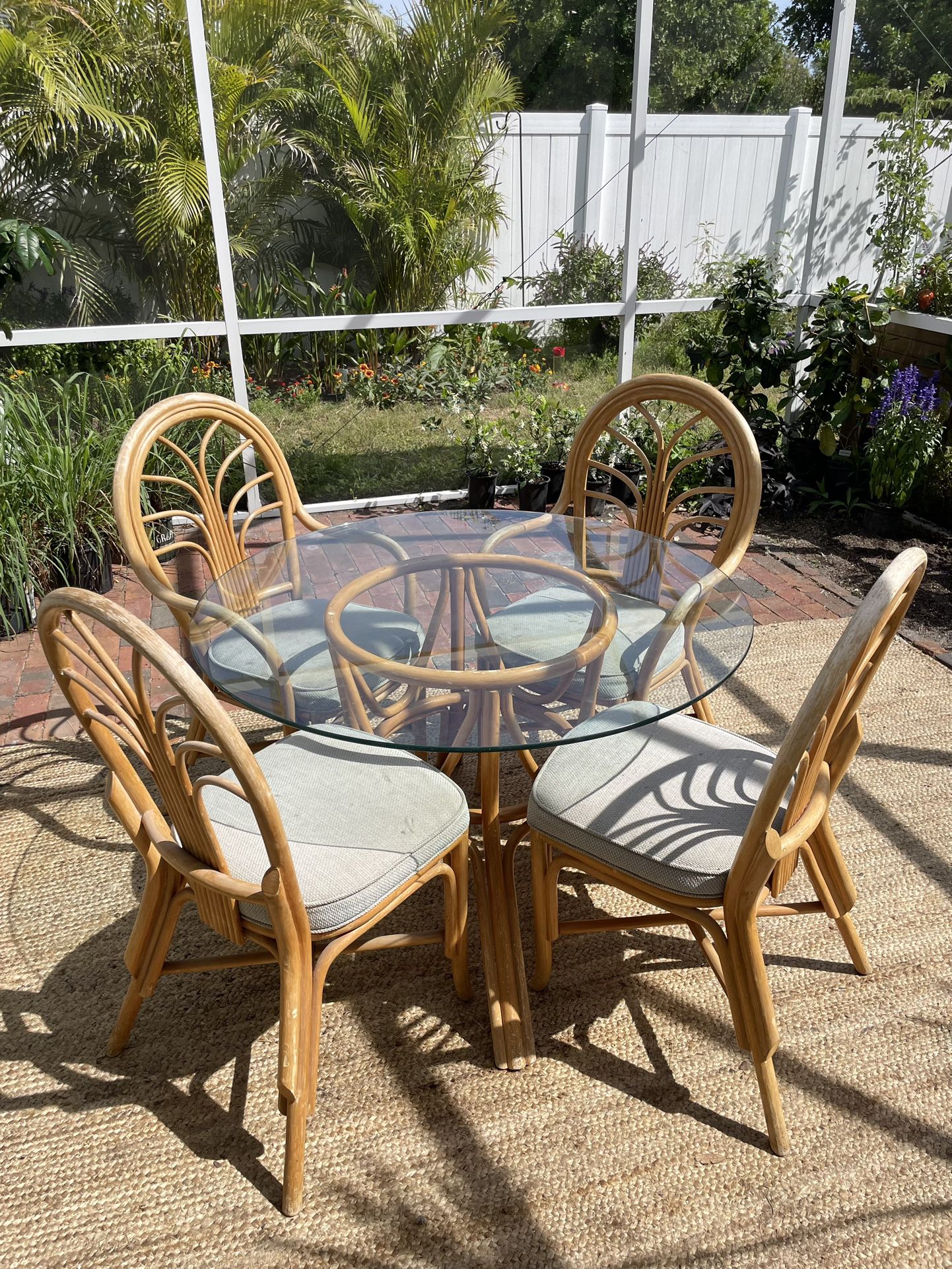 MCM Rattan Glass Table 4 Chairs Vintage Small Dining Patio