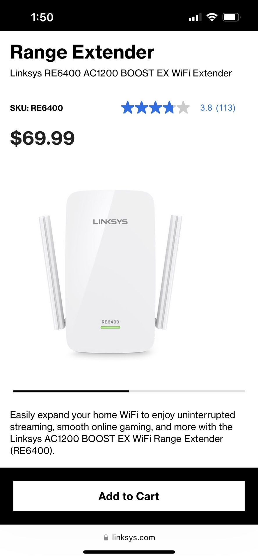Linksys AC1200 / RE6400 WiFi Range Extender Boost