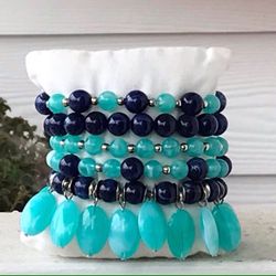 Beaded Bracelet/Bohemian Colored/Handmade Single Strands/Chunky Beaded Necklace Bracelet/Stretch Stackable Bracelet/ Blue Beaded