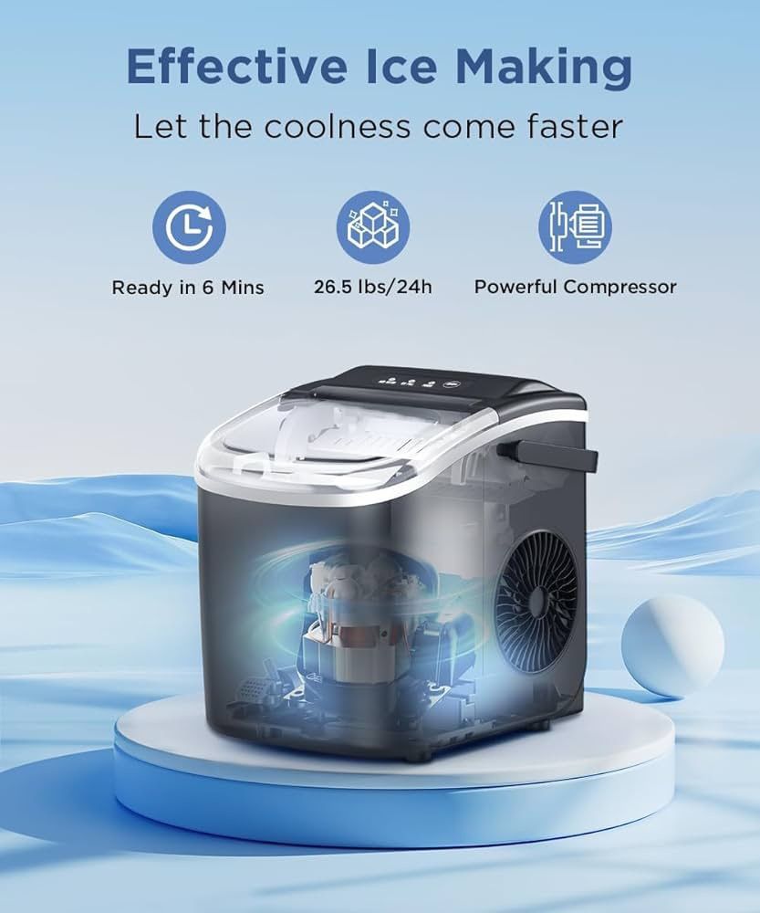 Ice Maker Countertop, Portable Ice Machine with Self-Cleaning, 26.5lbs/24Hrs, 9 Bullet Ice Cubes in 6 Mins, Ice Basket and Scoop, Ideal for Home, Kitc