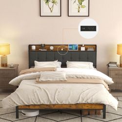 Full Size Platform Bed Frame with Upholstered Headboard & USB Ports for Charging- No Box Spring, Strong & Noise Free Support - Easy Assembly