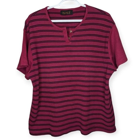 Vintage IMAGE Burgundy Pink Navy Striped Button  T Shirt