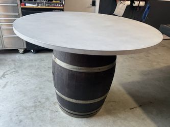 New Cement Top With Whiskey Barrel Base 51”W x 39”T Outdoor/indoor Bar Height Table, NO CHAIRS .. SUPER HEAVY, TOP IS REAL CEMENT  