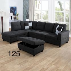Dark Gray Linen Couch Set With Ottoman