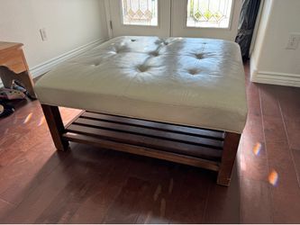 Arhaus Tufted Leather Ottoman Bench with Wood Shelf