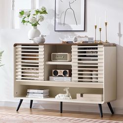 46" Entryway Table, Mid Century Modern Console Table with Slatted Sliding Door, Storage Shelf Wood Sofa Table Behind Couch for Hallway, Living Room, F