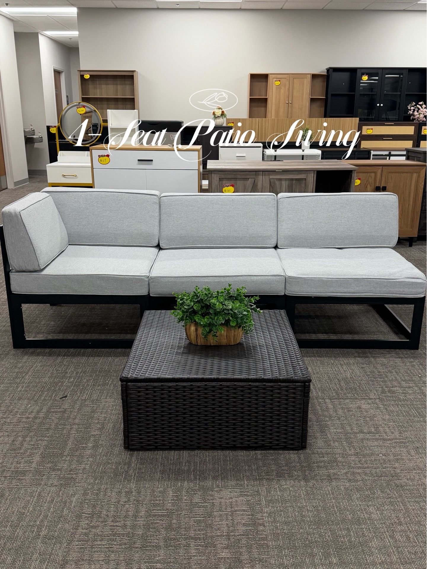 Set of 4 Patio Set with Thick Cushions and Coffee Table. Clean minimalist design, perfect for patio, backyard, balcony, or outdoor lounge area. ✅Dim