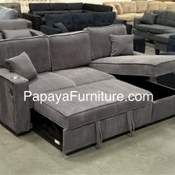 New! 89”L Reversible Grey corduroy Sectional Sofa Bed, Sectional Sofa Bed, Grey Sofa, Sleeper Sofa, Grey Couch, Reversible Sectional, Storage Chaise