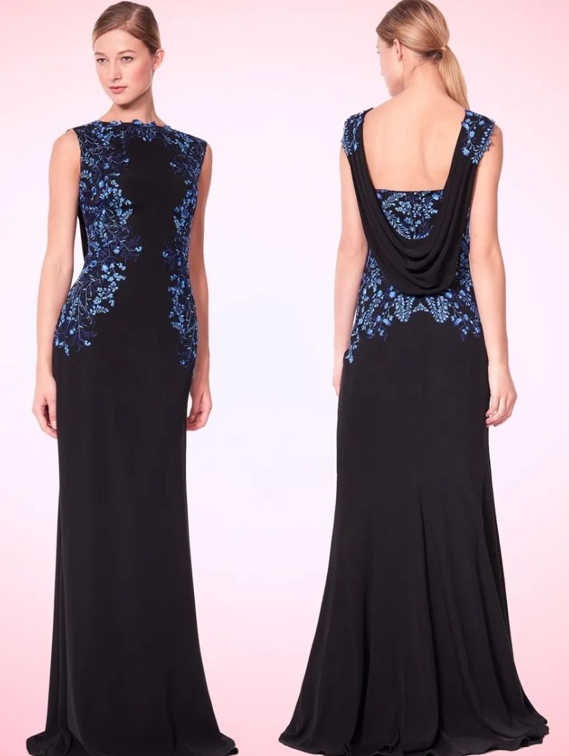Tadashi Shoji Evening Dress. Black With Blue Embroidery Lace. Size 10 New With Tags