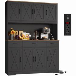 Homfa Kitchen Pantry with Hutch and Drawers, 71" Tall Storage Cabinet with 55" Wide Countertop and Built-In Power Outlet, Farmhouse Coffee Bar for Din