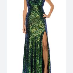 Sequins Teal Cowl Neck Gown With Slit Size 10